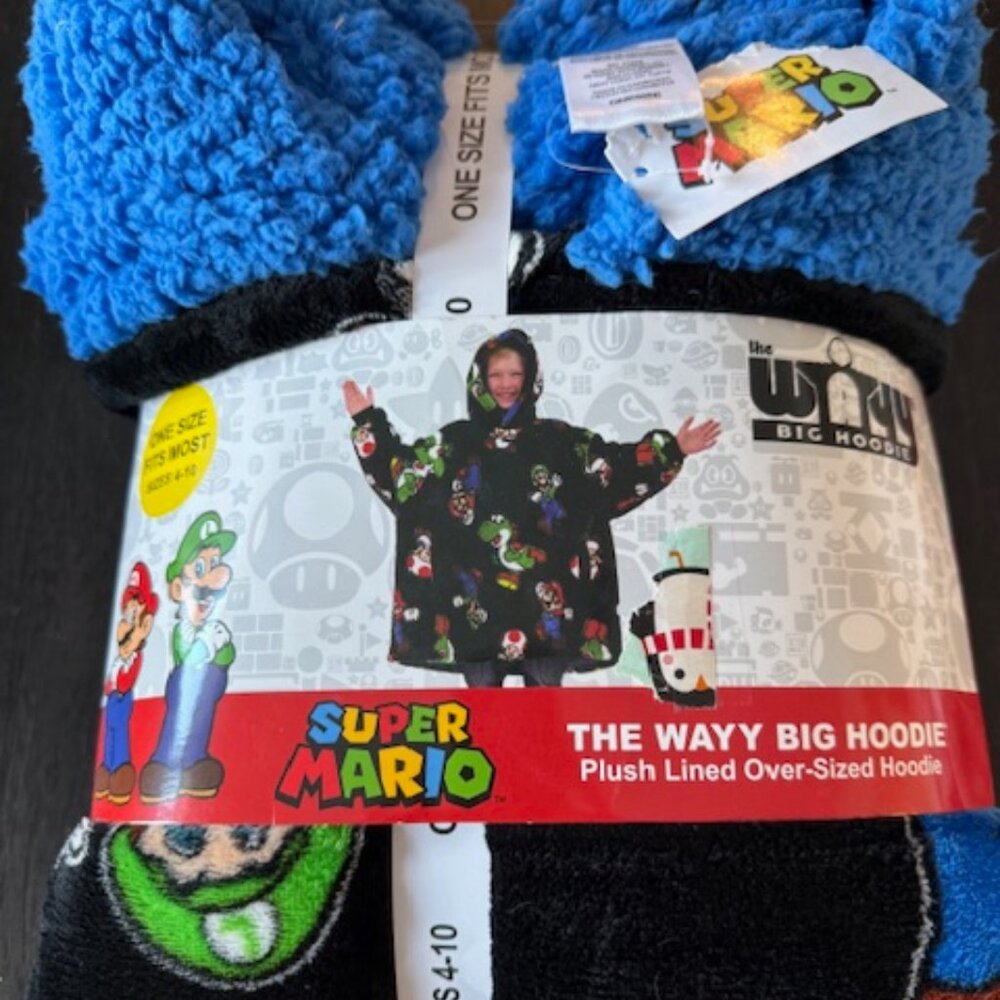 New Nintendo Super Mario Black Kids Wayy Big Oversided Fleece Lined Hoodie Yoshi